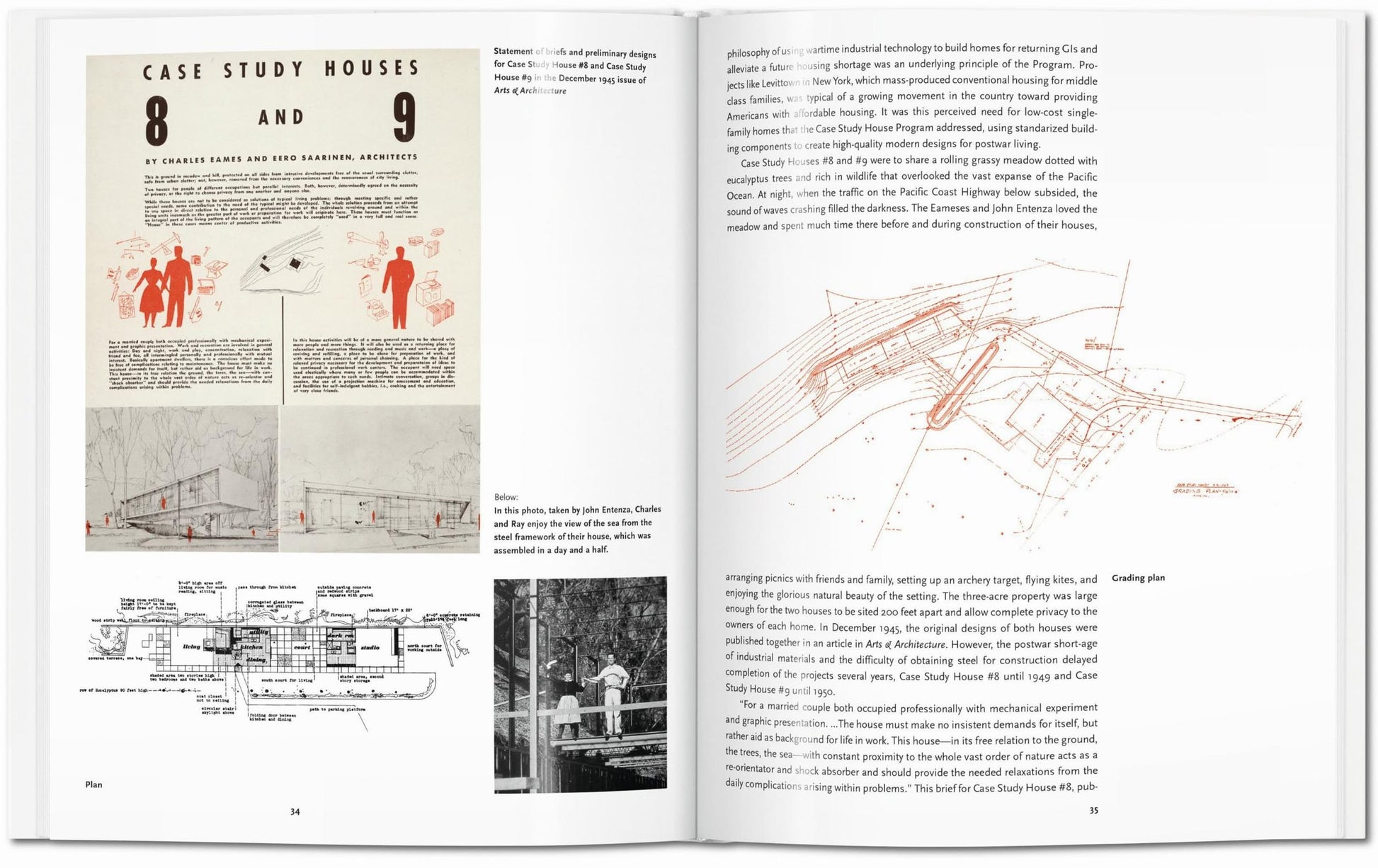An open TASCHEN Eames book by TASCHEN shows architectural diagrams, sketches, and text. The left page highlights Case Study Houses 8 and 9 with images and a floor plan; the right page has text and a red architectural drawing.