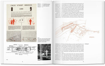 An open TASCHEN Eames book by TASCHEN shows architectural diagrams, sketches, and text. The left page highlights Case Study Houses 8 and 9 with images and a floor plan; the right page has text and a red architectural drawing.
