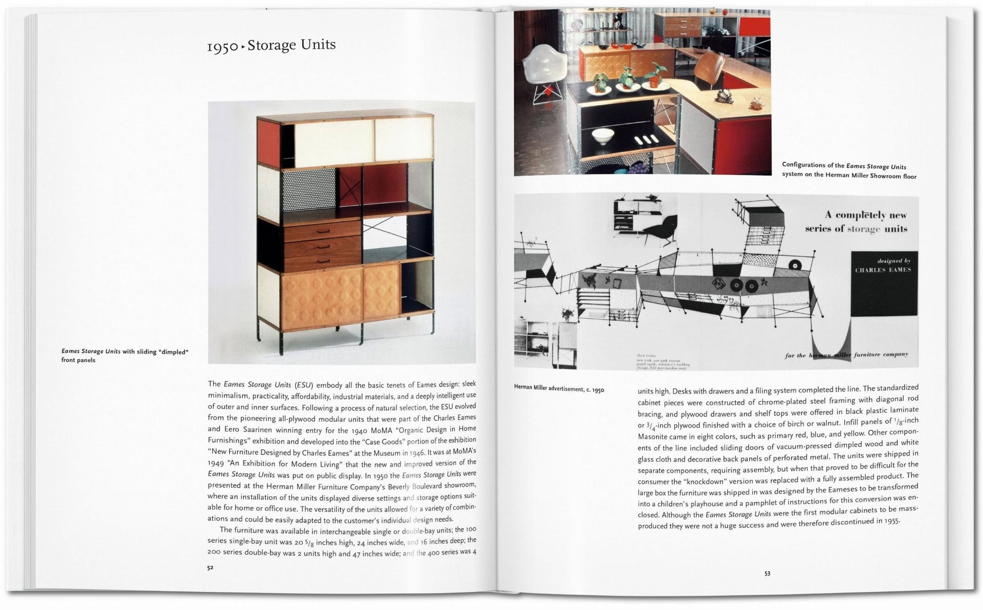 A spread in TASCHEN Eames by TASCHEN highlights 1950s Eames Storage Units with images, text, shelving displays, a design blueprint, and captions focusing on the iconic work of Charles and Ray Eames.