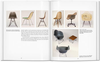 An open TASCHEN Eames book by TASCHEN displays vintage photos of Eames side chairs, armchairs, rocking chairs in assorted colors and styles, plus a playful cat illustration—celebrating classic mid-century modern design.