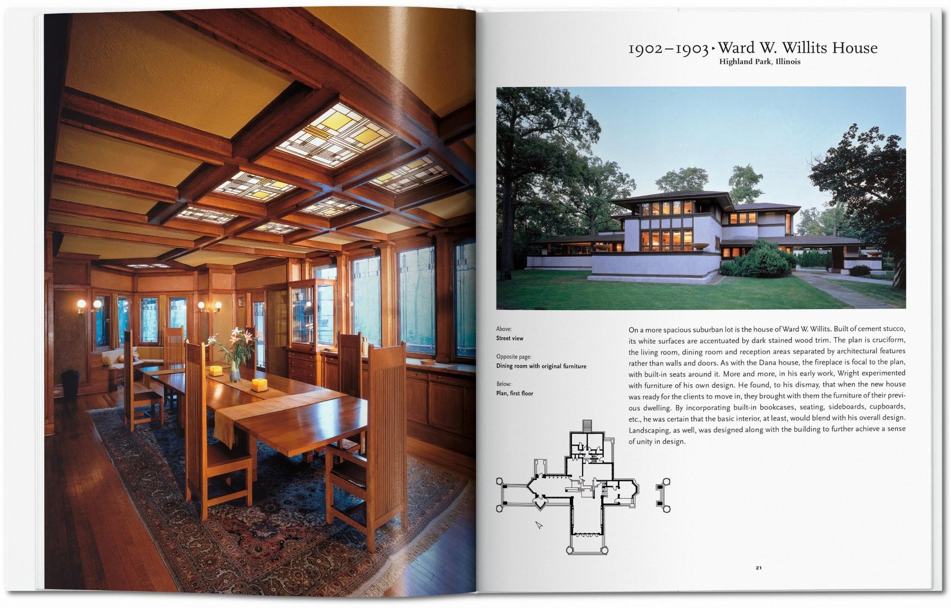 The TASCHEN F.L. Wright book by TASCHEN shows a stained-glass ceiling dining room with wooden furniture on the left, and a modern Prairie-style house with large windows, text, and floor plan on the right.