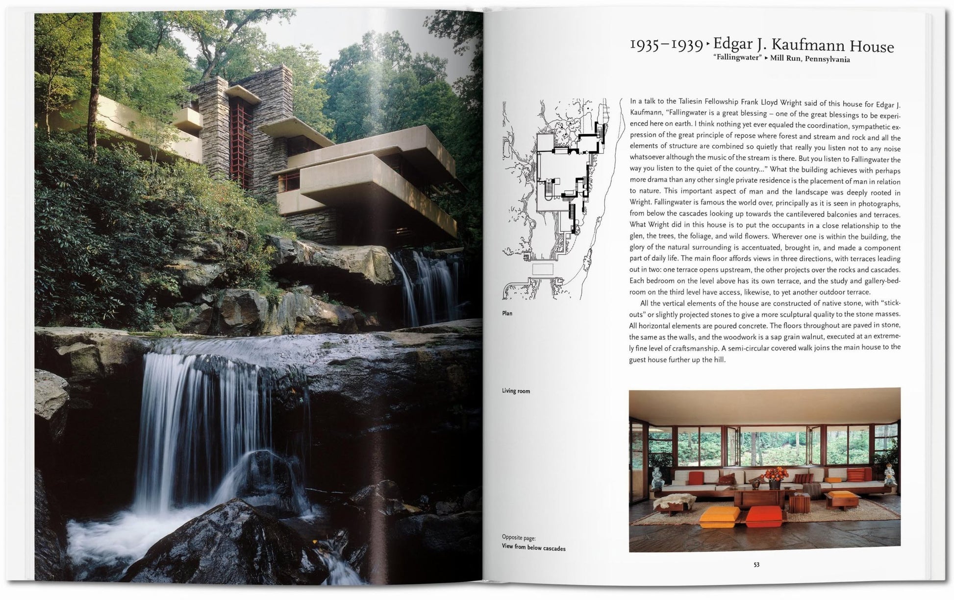 A spread from TASCHEN F.L. Wright showcases a photo of Fallingwater, interior living room, floor plan, and details on the 1935–1939 Edgar J. Kaufmann House by Frank Lloyd Wright, featured by TASCHEN.