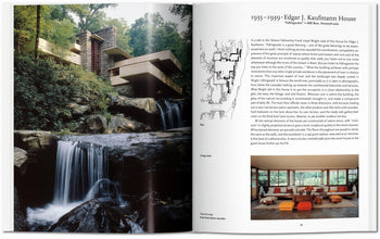 A spread from TASCHEN F.L. Wright showcases a photo of Fallingwater, interior living room, floor plan, and details on the 1935–1939 Edgar J. Kaufmann House by Frank Lloyd Wright, featured by TASCHEN.