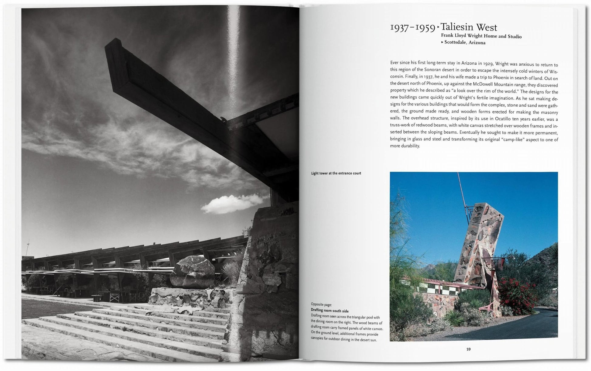 A TASCHEN F.L. Wright book spread features a black-and-white photo of Taliesin Wests entrance (left) and, on the right, text plus a color image of the entrance gate and sign, highlighting organic architecture. Brand: TASCHEN.