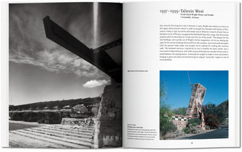 A TASCHEN F.L. Wright book spread features a black-and-white photo of Taliesin Wests entrance (left) and, on the right, text plus a color image of the entrance gate and sign, highlighting organic architecture. Brand: TASCHEN.