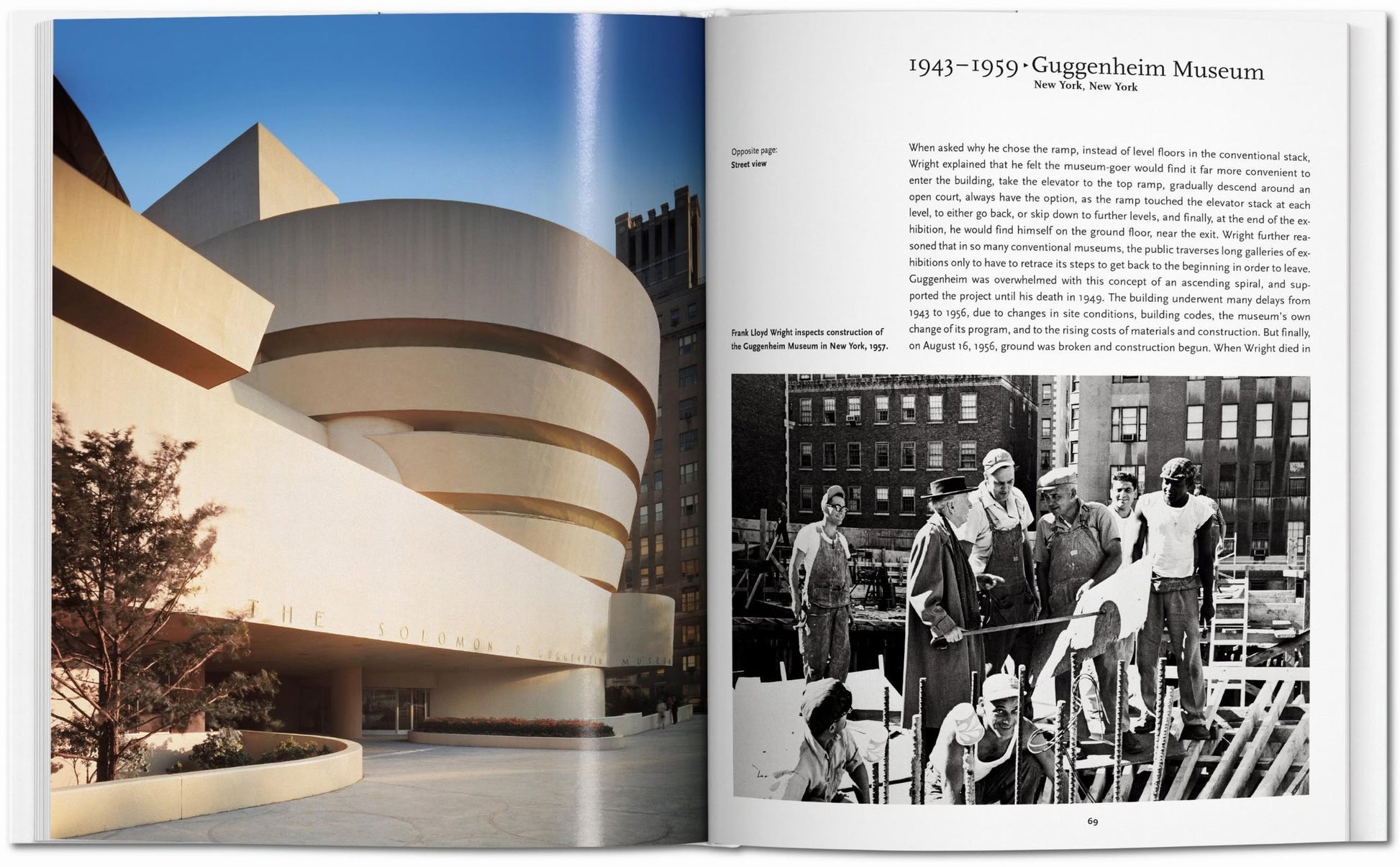 A TASCHEN F.L. Wright book spread showcases the Guggenheim Museum exterior on the left and a black-and-white photo of construction workers with text about pioneering architects on the right.