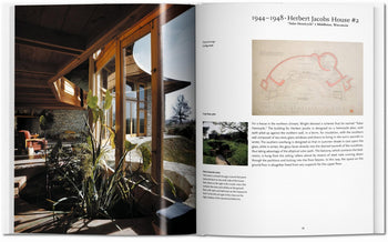 The TASCHEN F.L. Wright book by TASCHEN features photos and plans of the 1948 Herbert Jacobs House #2, highlighting Frank Lloyd Wrights iconic mid-century modern design with large windows and wood accents.