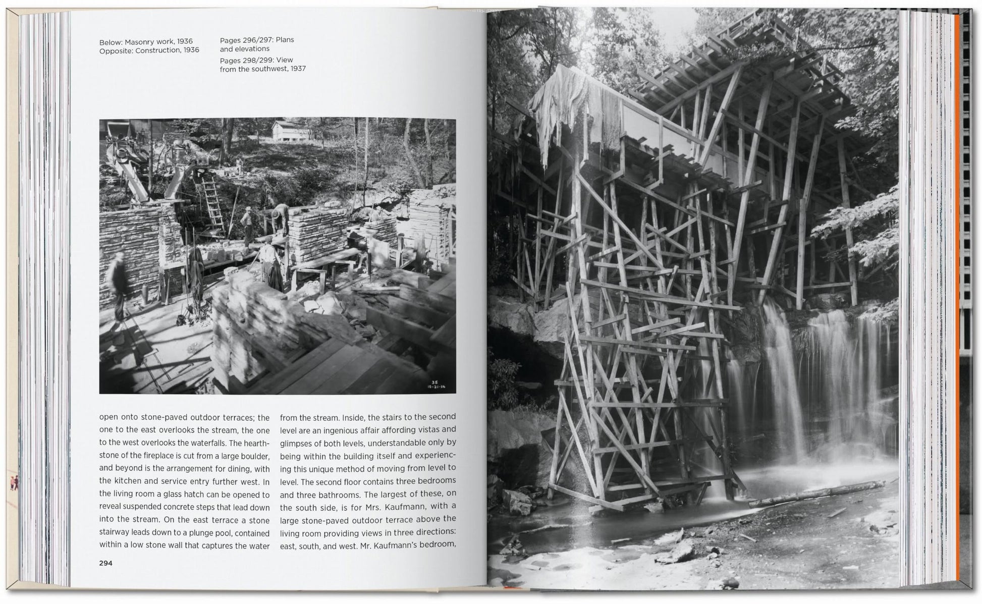 The TASCHEN Frank Lloyd Wright book features two black-and-white photos of people building a wooden structure near water, accompanied by text on the architecture and Wright's construction process.