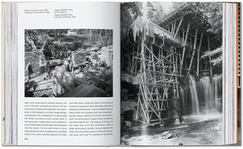 The TASCHEN Frank Lloyd Wright book features two black-and-white photos of people building a wooden structure near water, accompanied by text on the architecture and Wright's construction process.