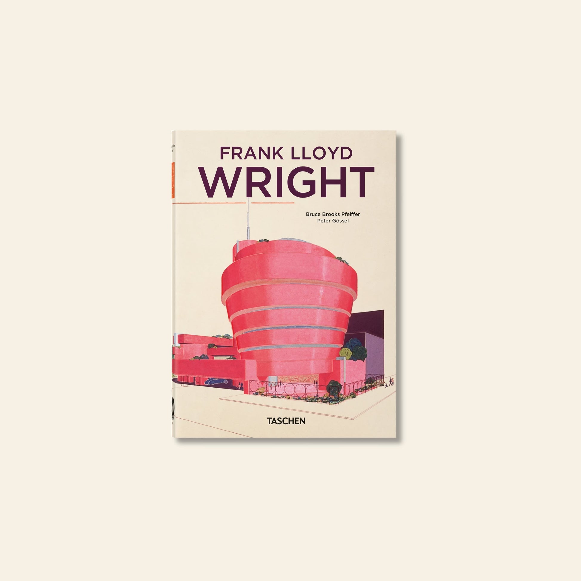 The TASCHEN Frank Lloyd Wright book cover features an illustrated pink and red Guggenheim Museum on a cream background, with the author’s name and TASCHEN branding at the bottom.