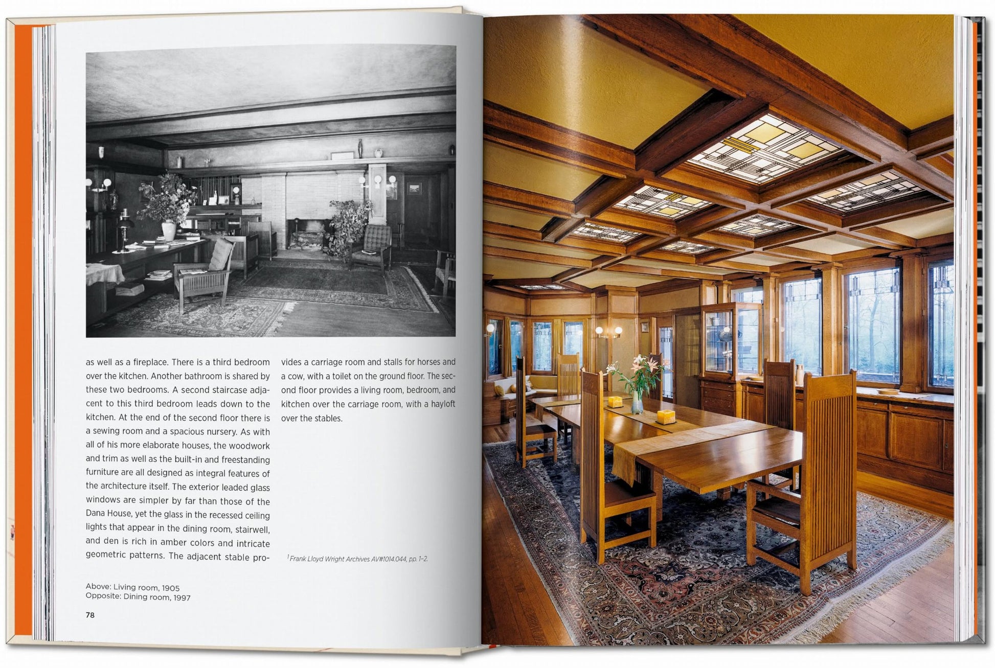 An open TASCHEN Frank Lloyd Wright book displays a black-and-white vintage living room on the left page and a colorful dining room with striking architecture and stained-glass ceiling panels on the right.