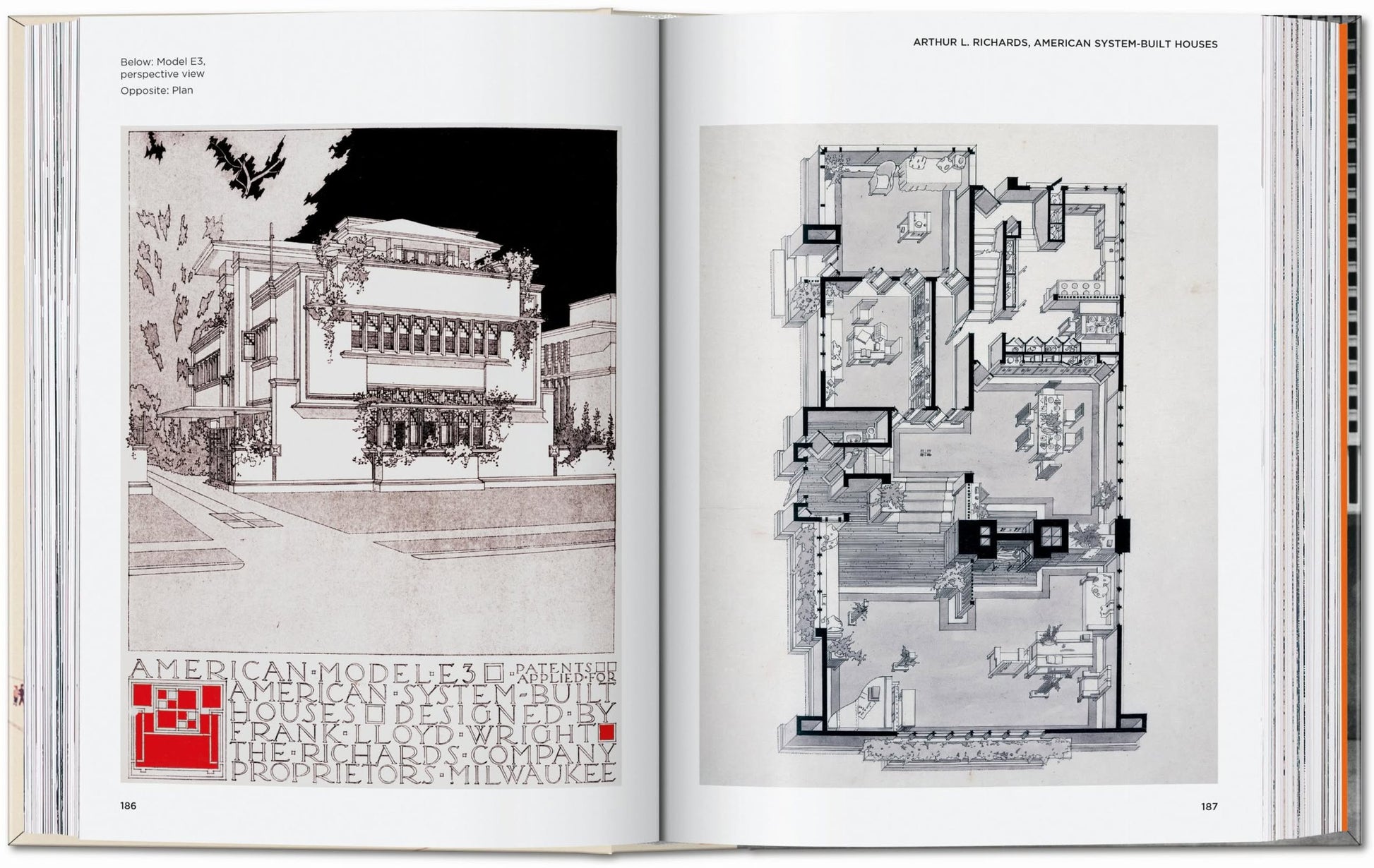 A TASCHEN Frank Lloyd Wright book spread displays a black-and-white architectural perspective of a house on the left and a detailed floor plan with labels on the right, showcasing Wright’s iconic designs.