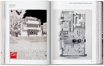 A TASCHEN Frank Lloyd Wright book spread displays a black-and-white architectural perspective of a house on the left and a detailed floor plan with labels on the right, showcasing Wright’s iconic designs.