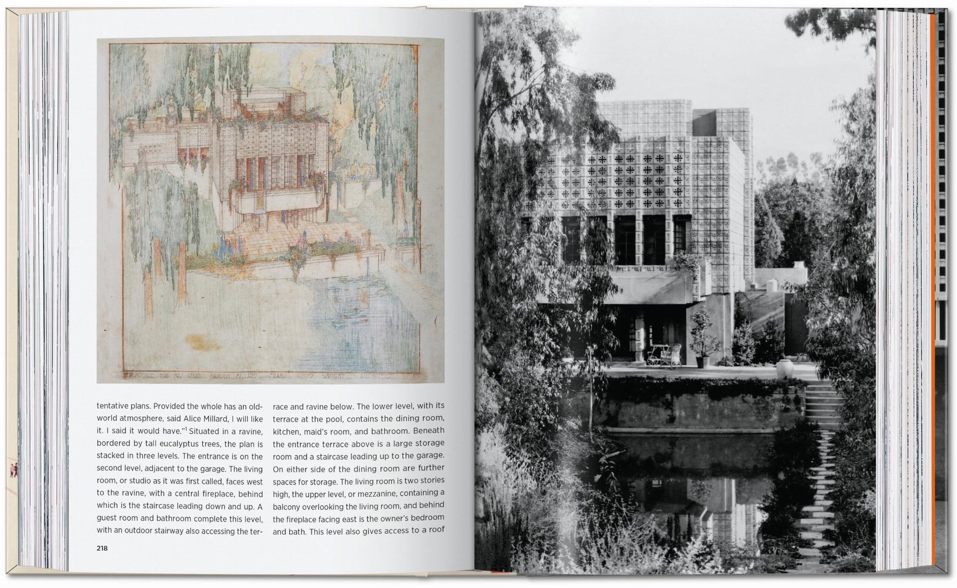 An open TASCHEN Frank Lloyd Wright book shows a watercolor architectural sketch on the left page and a black-and-white photo of a modern house by water, surrounded by trees, on the right. Text is below the sketch.