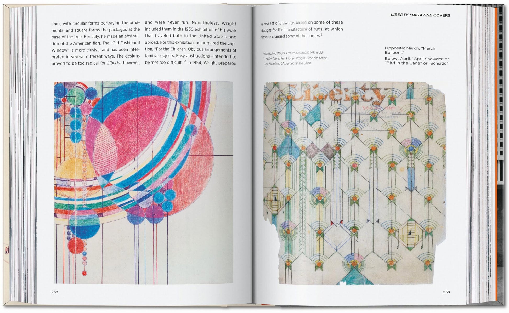 An open TASCHEN Frank Lloyd Wright book shows two pages of vibrant geometric art inspired by architecture—circles and lines on the left, arches on the right—with descriptive text beside each image.