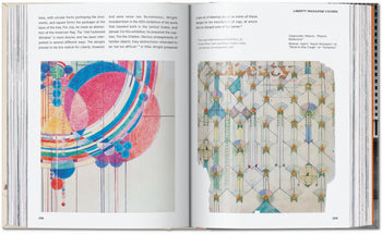 An open TASCHEN Frank Lloyd Wright book shows two pages of vibrant geometric art inspired by architecture—circles and lines on the left, arches on the right—with descriptive text beside each image.