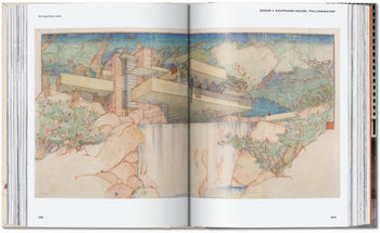 An open TASCHEN Frank Lloyd Wright book by TASCHEN showcases a vivid architectural drawing of Fallingwater, the iconic house above a waterfall, illustrating Wright’s seamless blend of architecture and nature.