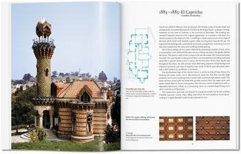 The TASCHEN Gaudí book by TASCHEN opens to a photo of El Capricho’s tower, with Antoni Gaudí’s designs, alongside a page featuring text, a floor plan, and decorative tile illustrations detailing its architectural history.