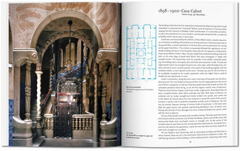 An open TASCHEN Gaudí book displays a photo of Casa Calvet’s ornate entrance in Barcelona on one page, with detailed architectural plans, text, and Antoni Gaudí’s visionary designs on the other.
