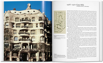 An open spread of TASCHEN Gaudí by TASCHEN displays a photo of Casa Milà’s wavy stone facade with wrought-iron balconies on the left and informative text plus a small architectural sketch on the right.