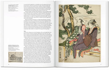 The TASCHEN Hokusai book by TASCHEN is open, revealing text on the left page and, on the right, a Japanese-style artwork inspired by Hokusai depicting two elegantly dressed figures beneath a tree—one holding a book or scroll.