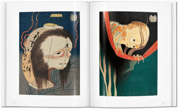 Two pages from TASCHEN Hokusai by TASCHEN: the left shows a ghostly head with long hair and paper amulets; the right, a skeletal figure in a red vessel—both reflecting Hokusai’s eerie imagination.