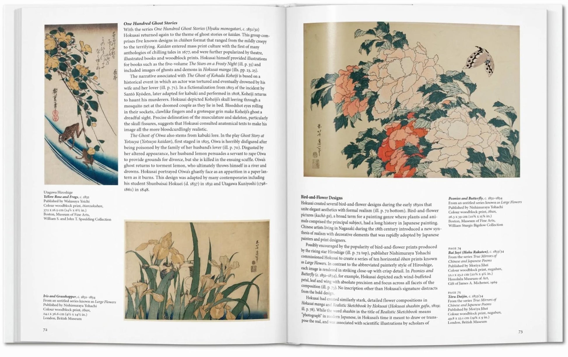 The TASCHEN Hokusai book by TASCHEN displays Japanese art—two vibrant bird and iris prints on the left page and a large floral illustration with a butterfly and text in Hokusai’s style on the right.