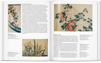 The TASCHEN Hokusai book by TASCHEN displays Japanese art—two vibrant bird and iris prints on the left page and a large floral illustration with a butterfly and text in Hokusai’s style on the right.