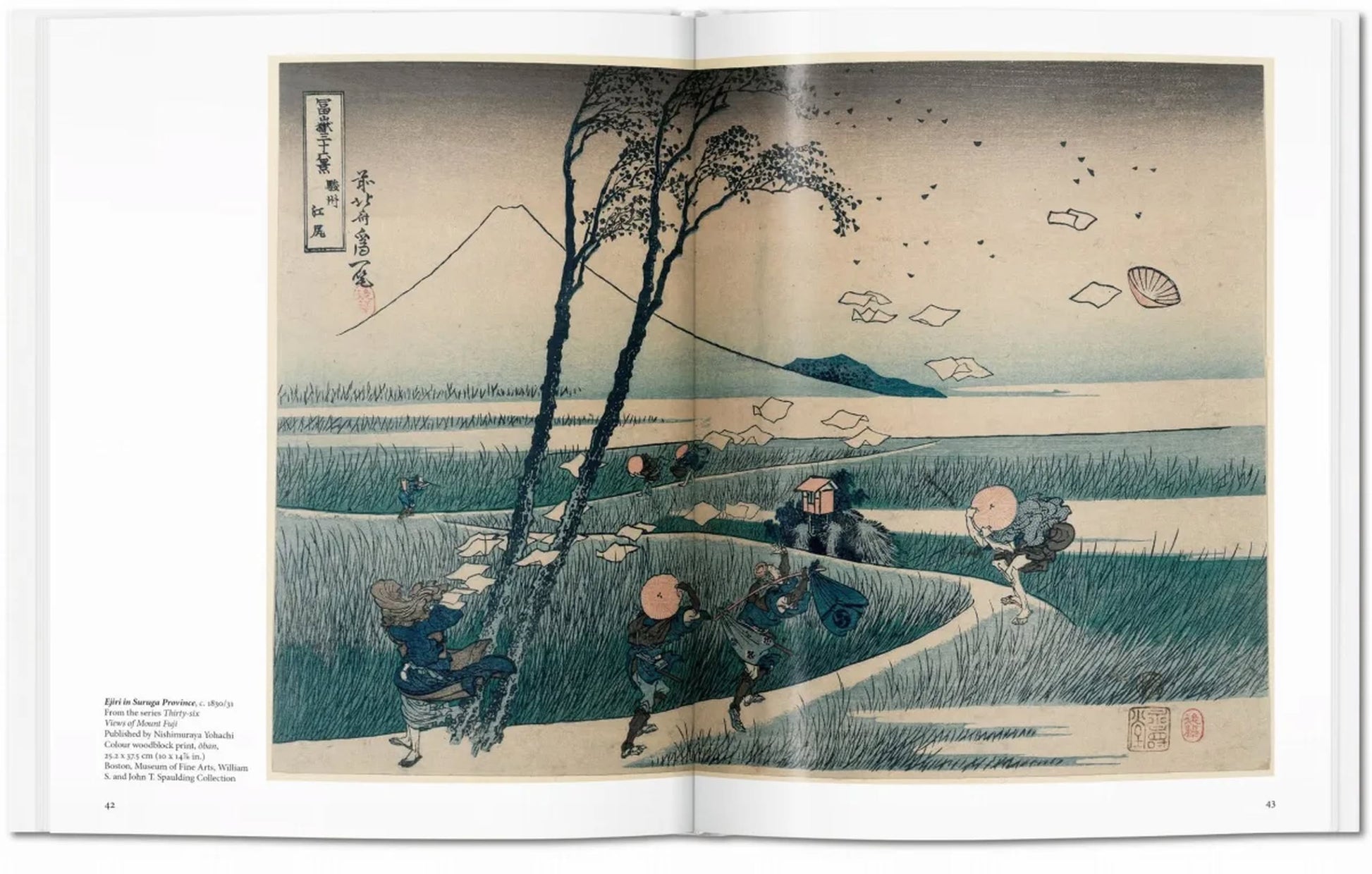 The TASCHEN Hokusai by TASCHEN features a Japanese woodblock print depicting travelers in a windy field, tall grasses, papers flying, and Mount Fuji beneath a pale sky—showcasing the enduring charm of Japanese art.