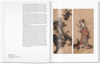 The TASCHEN Hokusai art book by TASCHEN features text alongside traditional-style paintings of elegant women in flowing robes set against moody backgrounds, blending Chinese and Japanese art influences.