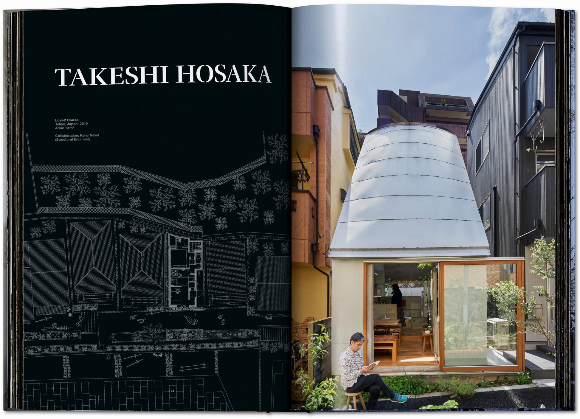 An open copy of TASCHEN Homes for Our Time: Small Houses (XL) by TASCHEN shows a floor plan on the left and a petite modern white house with a curved roof on the right; outside, someone reads in a narrow courtyard.