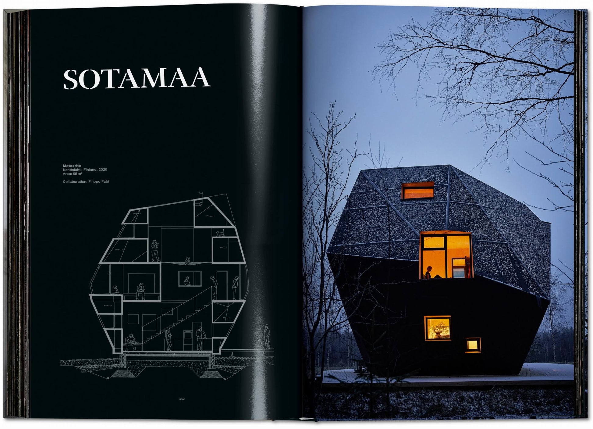 An open book from TASCHENs Homes for Our Time: Small Houses (XL) displays a geometric, dark house with glowing orange windows at dusk; the left page shows a labeled section drawing under the title SOTAMAA.