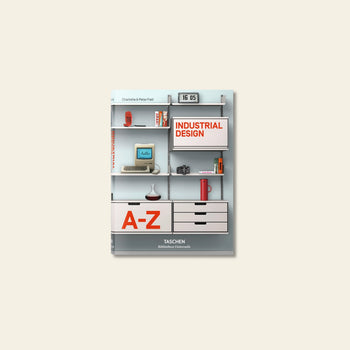 The TASCHEN Industrial Design A-Z book cover features shelves with innovative products—a typewriter, clock, rotary phone, camera, radio, and red kettle—set on a light background. Authored by noted designers Charlotte and Peter Fiell.
