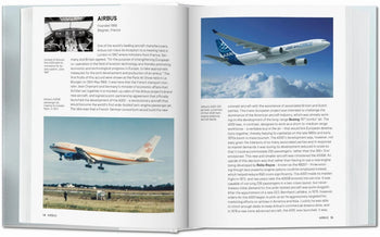 An open book from TASCHEN Industrial Design A-Z by TASCHEN displays text on Airbus, a cockpit photo, a China Southern Airbus A300 on the runway, and an Airbus A330 in flight—showcasing industrial design and iconic products.