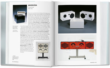 A crisp white spread from TASCHENs Industrial Design A-Z shows text on Brionvega’s designers (left) and four photos of vintage white and red radios and speakers (right). Brand: TASCHEN.