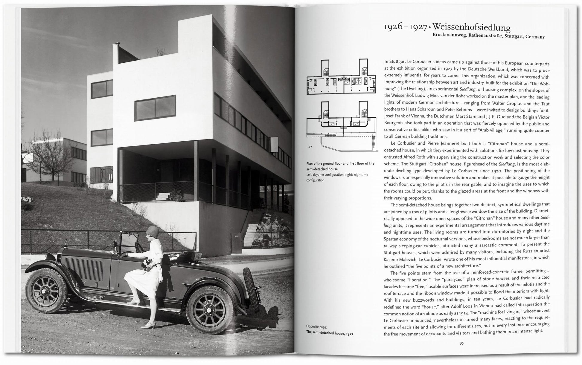 The TASCHEN Le Corbusier book by TASCHEN displays a black-and-white vintage car photo near a modernist building on one page, with Weissenhofsiedlung plans and Le Corbusiers modern living vision detailed opposite.
