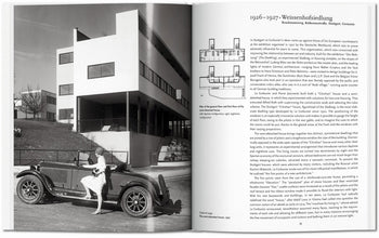 The TASCHEN Le Corbusier book by TASCHEN displays a black-and-white vintage car photo near a modernist building on one page, with Weissenhofsiedlung plans and Le Corbusiers modern living vision detailed opposite.
