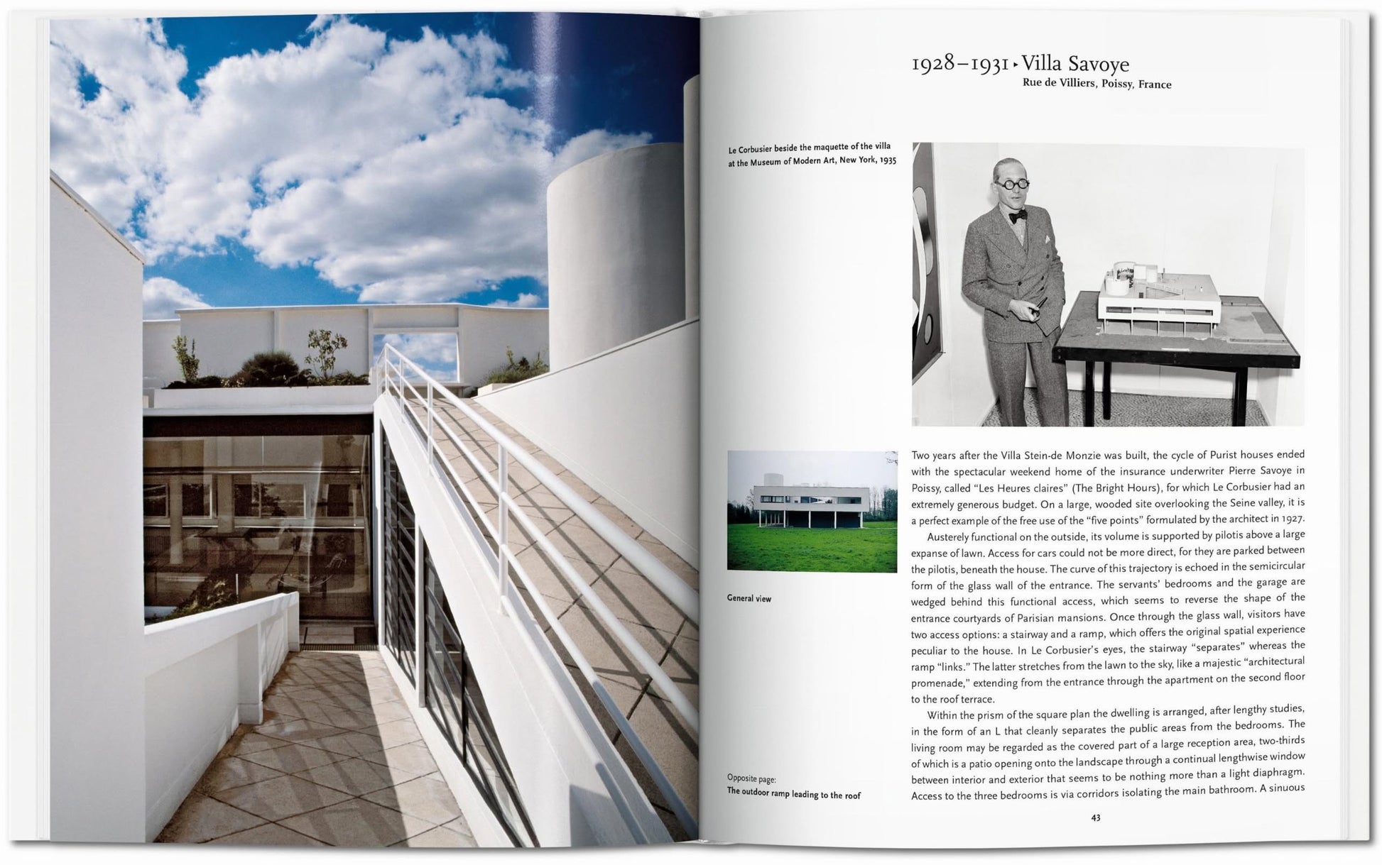 An open TASCHEN Le Corbusier book displays a modern white building with ramps and railings on the left page, while the right page features black-and-white photos, including Le Corbusier at his desk, and text about Villa Savoye.