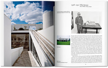 An open TASCHEN Le Corbusier book displays a modern white building with ramps and railings on the left page, while the right page features black-and-white photos, including Le Corbusier at his desk, and text about Villa Savoye.