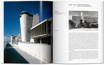 An open TASCHEN Le Corbusier book by TASCHEN features a photo of the Unité d’Habitation in Marseille on the left, with text and a smaller image on the right highlighting its history and innovative design.