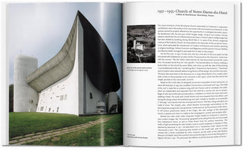 The TASCHEN Le Corbusier book is open to a striking photo of his sculptural white Church of Notre-Dame-du-Haut on the left, with sweeping roof, and text plus an aerial image on the right.