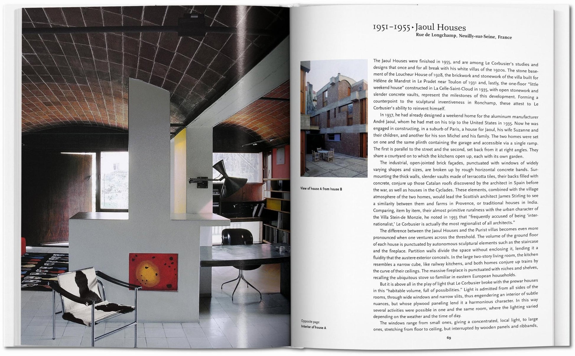 An open TASCHEN Le Corbusier book features a vaulted brick ceiling, white partition, and minimalist furniture on the left, while the right page highlights Jaoul Houses with an exterior photo and discusses Le Corbusier’s architectural influence.