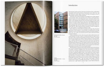 A spread from TASCHEN Louis I. Kahn displays a large photo of a skylight with triangular structure above a staircase, echoing Kahns modernist style, alongside an intro and two smaller building images. Brand: TASCHEN.