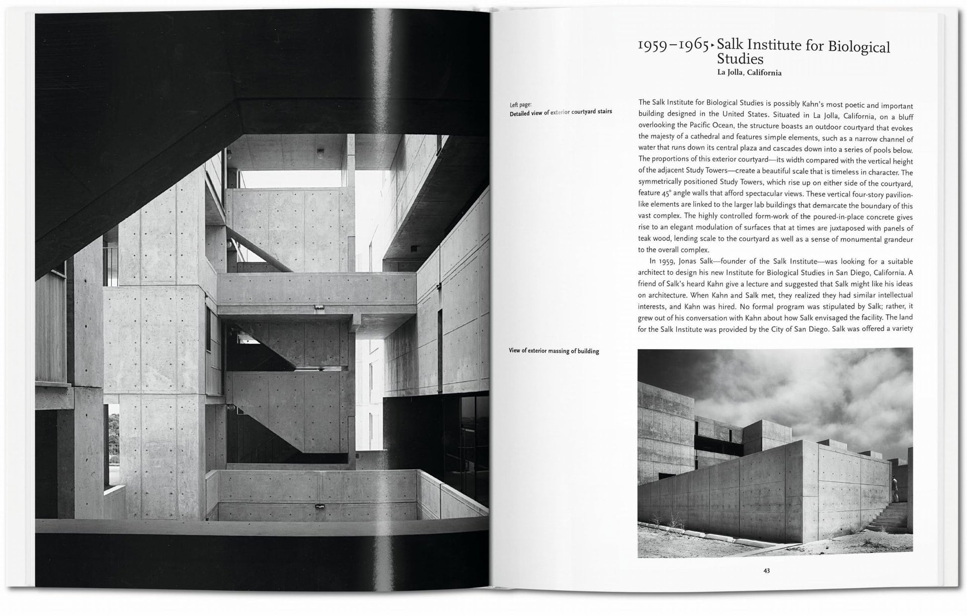 The TASCHEN Louis I. Kahn book displays black-and-white photos of the Salk Institute’s concrete architecture on the left, with descriptive text and a small building photo on the right.