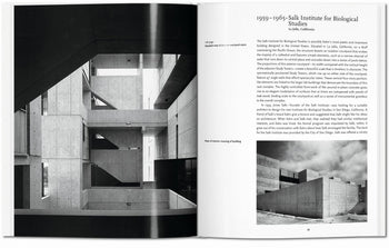 The TASCHEN Louis I. Kahn book displays black-and-white photos of the Salk Institute’s concrete architecture on the left, with descriptive text and a small building photo on the right.