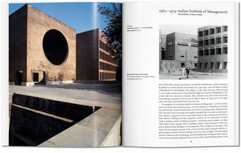 A photo from the TASCHEN Louis I. Kahn book by TASCHEN shows a spread on the Indian Institute of Management, Ahmedabad, featuring Kahn’s modern brick architecture, descriptive text, and a small black-and-white image.