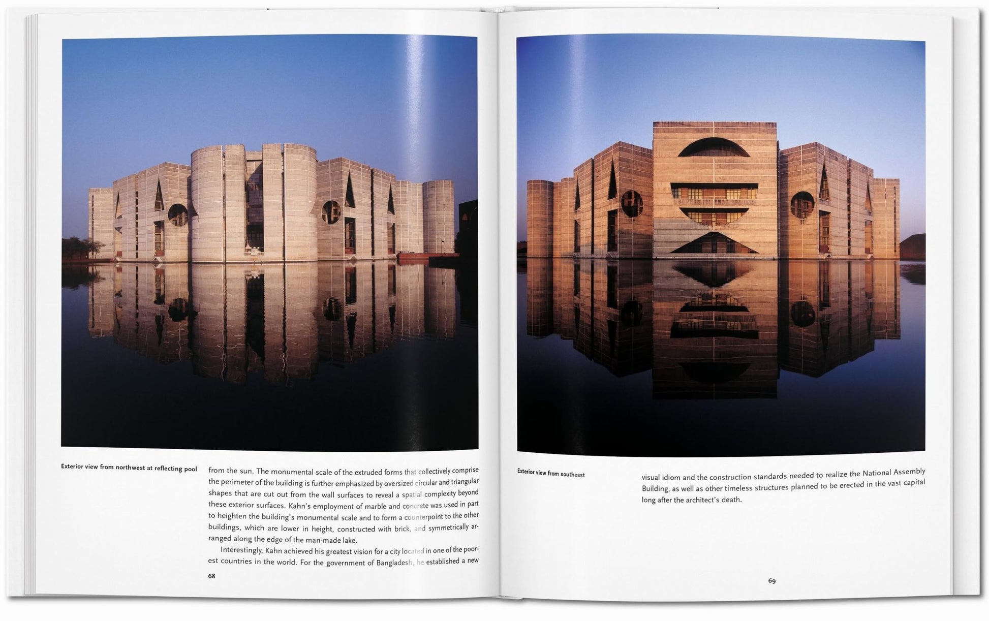 The TASCHEN Louis I. Kahn book by TASCHEN opens to photos of Dhakas National Parliament House, highlighting Kahn’s modern architectural style reflected in tranquil waters at sunset.
