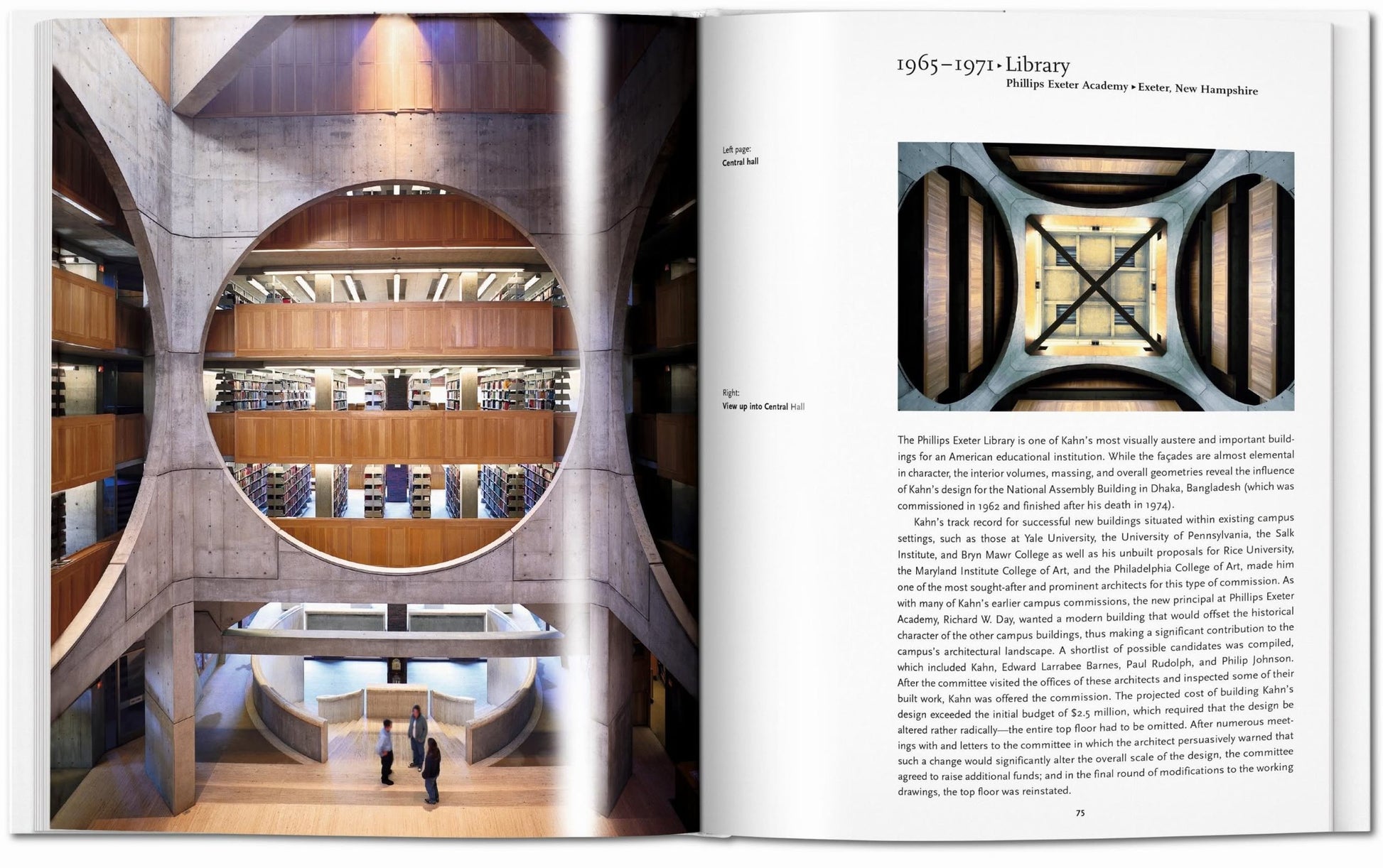 A book spread from TASCHEN Louis I. Kahn showcases a library interior with concrete walls, geometric cutouts, bookshelves, and visitors—reflecting Kahn’s style. The right page displays text and an atrium photo from above. Brand: TASCHEN.