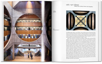 A book spread from TASCHEN Louis I. Kahn showcases a library interior with concrete walls, geometric cutouts, bookshelves, and visitors—reflecting Kahn’s style. The right page displays text and an atrium photo from above. Brand: TASCHEN.