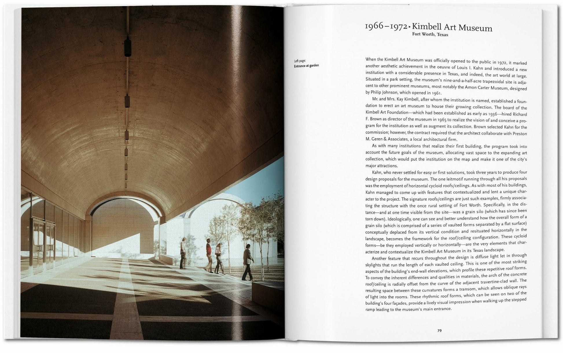 An open book displays a sunlit art museum corridor with arched ceilings, pictured next to text about the Kimbell Art Museum in Fort Worth, from “TASCHEN Louis I. Kahn” by TASCHEN—highlighting the architect’s iconic modernist work.